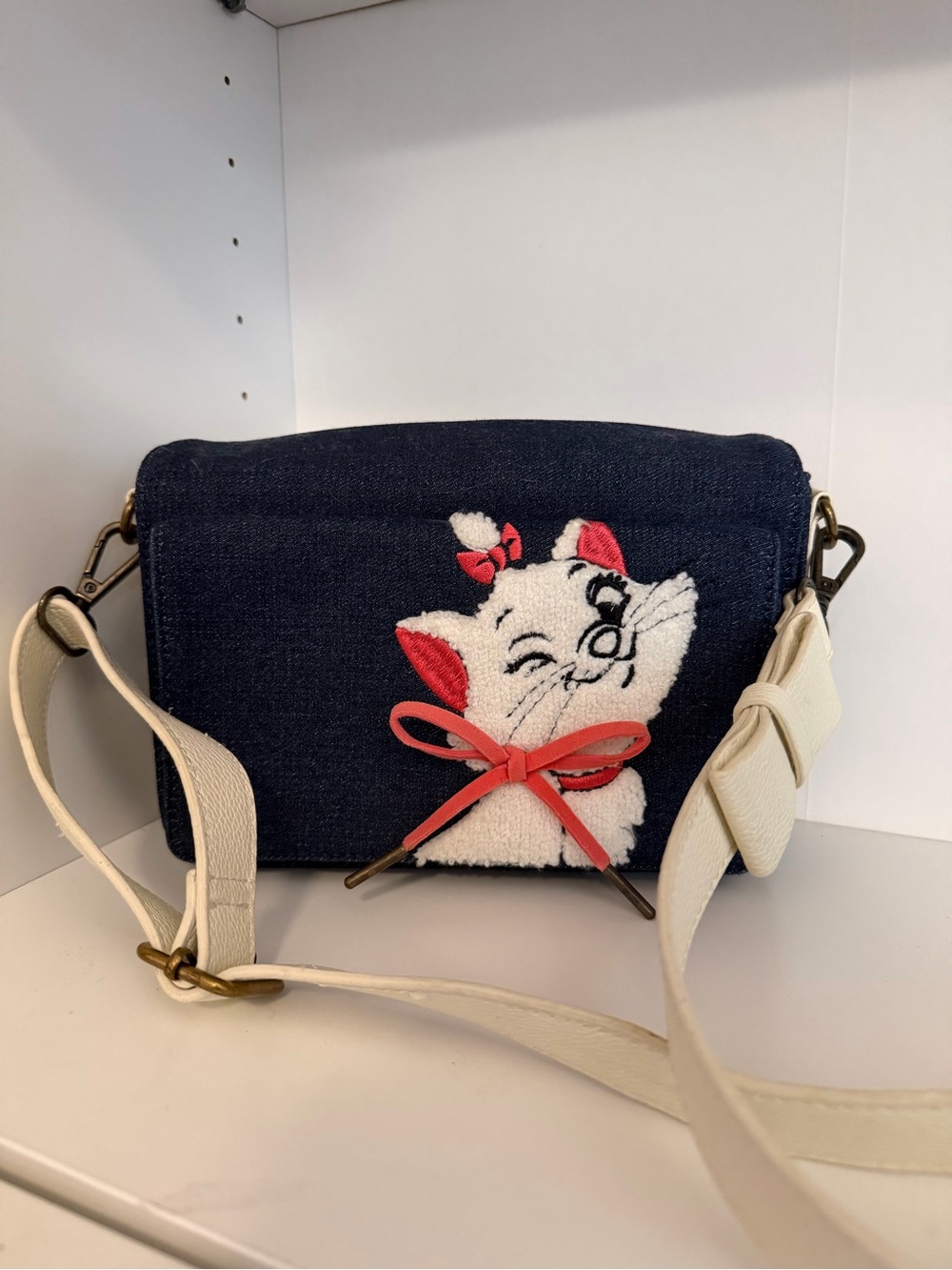 Disney Parks Loungefly Marie Denim Crossbody Bag with Cream Strap